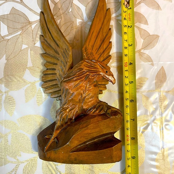 VTG  Hand Carved Wooden Eagle Bird Statue Figurine Brown Open Wings USSR Sz 9” - Picture 2 of 7